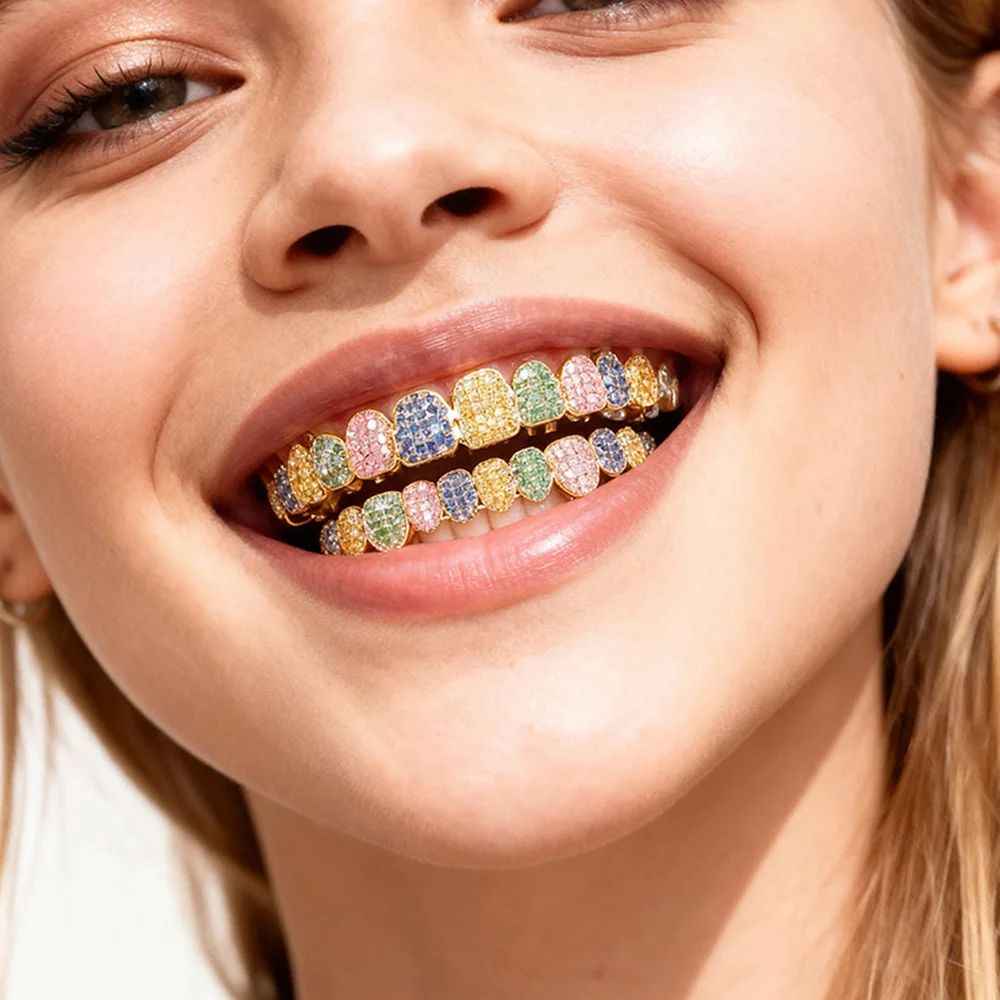 YOUNGX 10/10 Iced Out Full Colorful CZ Stone Teeth Grillz Hip Hop Shiny Colors Zircon Tooth Caps For Women Men Jewelry Cosplay - view 6