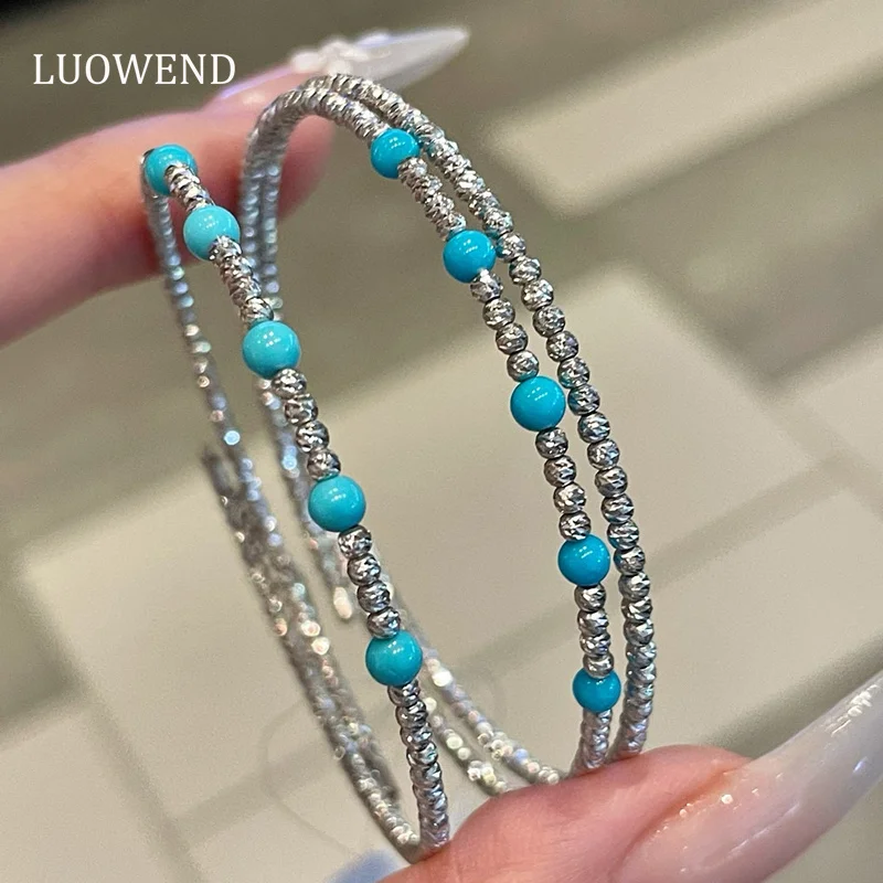 

LUOWEND Platinum 950 Bangle Elegant Shiny Style 3-3.5mm Natural Turquoise Bangle for Women Birthday Gift High Gemstone Jewelry