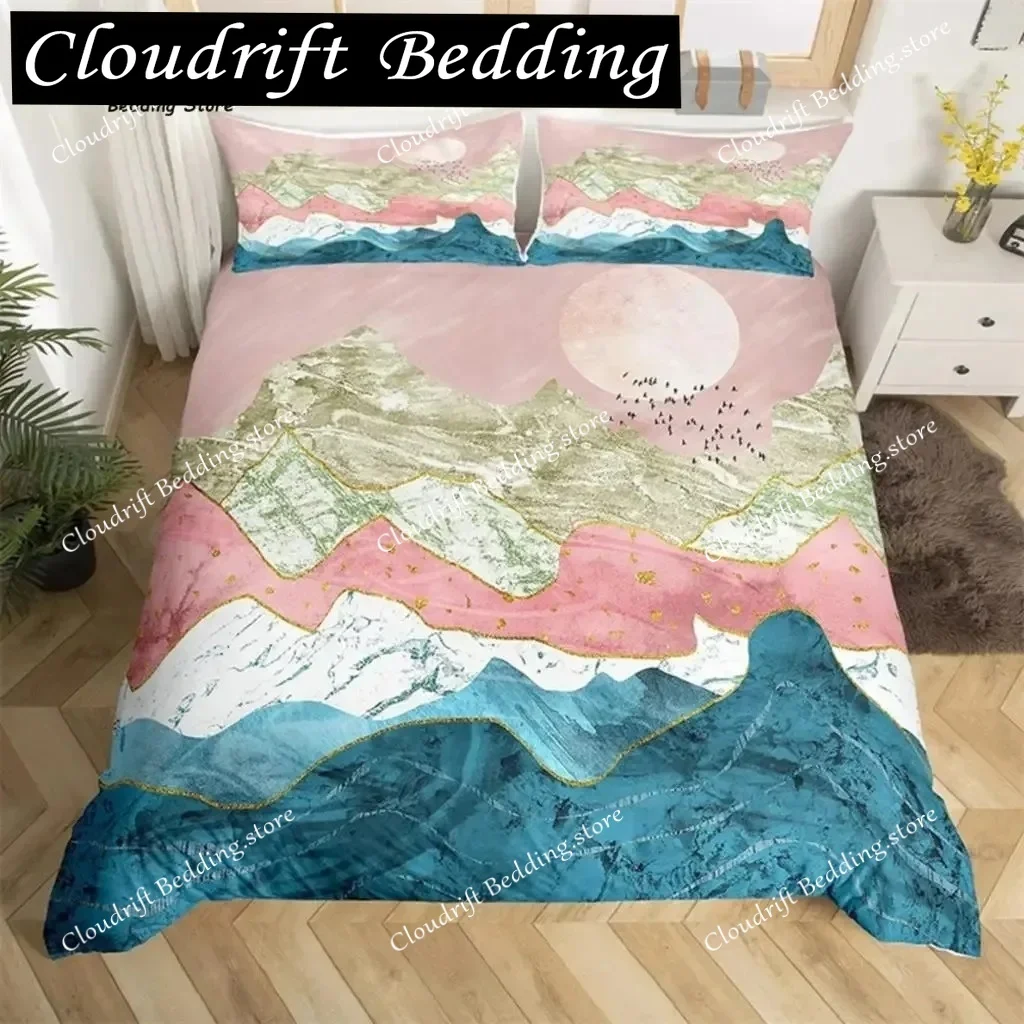 Abstract Mountain Duvet Cover Natural Scenery Art King Bedding Set For Nature Lover Gift Woodland Hiking Adventure Quilt Cover