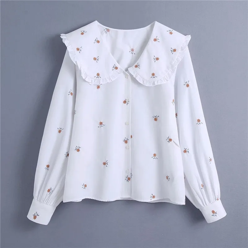 za Women Fashion Flower Embroidery White Shirts Sweet Female Casual Peter Pan Collar Long Sleeve Blouse Tops Chic T Shirt Kawaii