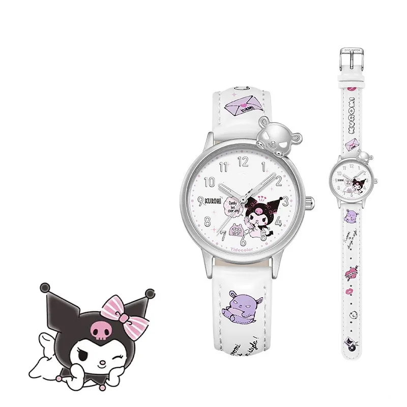 Sanrio Water Resistant Watches Kawaii Cartoon Anime Hello Kitty Kuromi Cinnamoroll High Quality White Leather Watch Girl Gifts