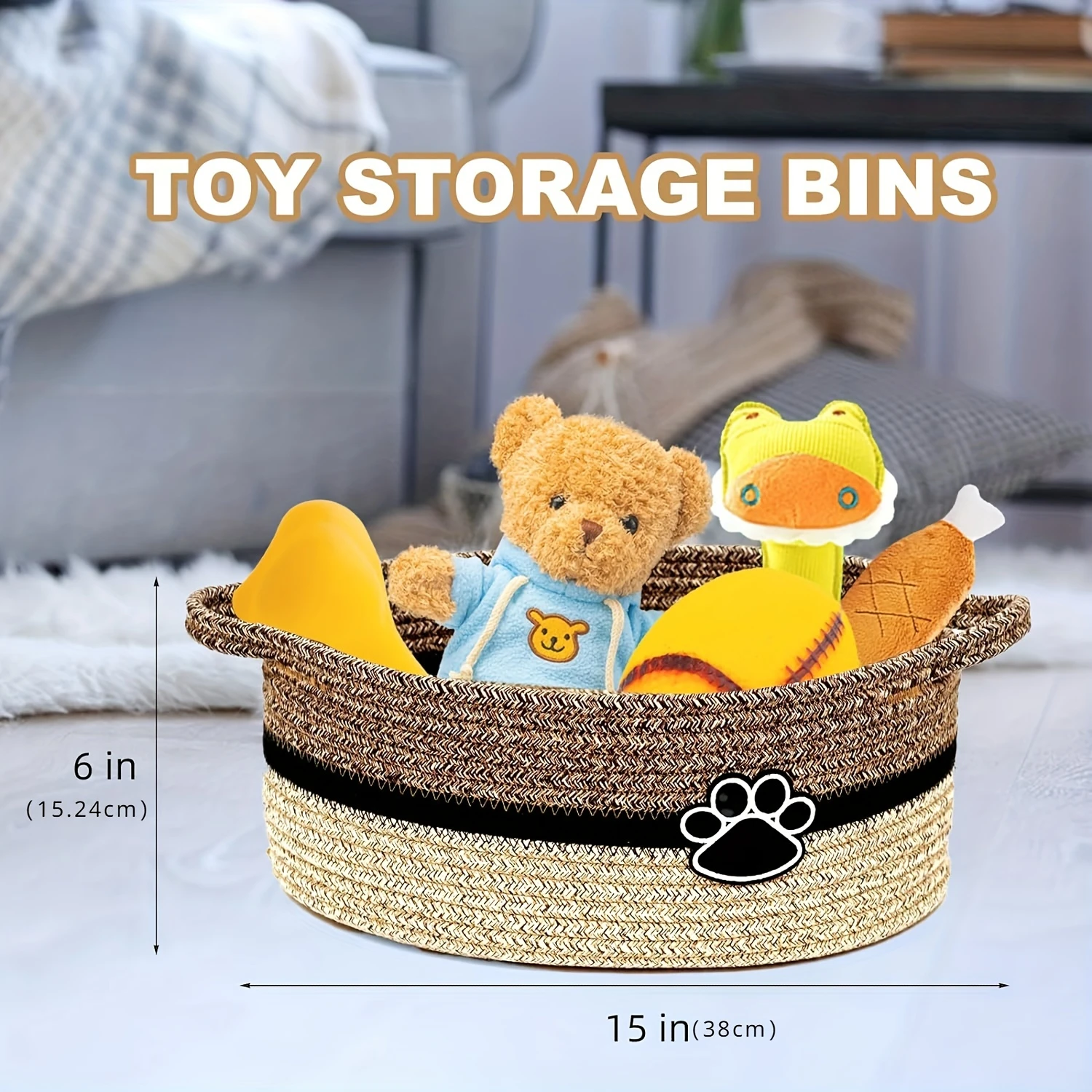 Woven Cotton Pet Toy  Bin with Handles - Durable Dog Toy Organizer Basket for Pet Accessory Organization, No Battery Required