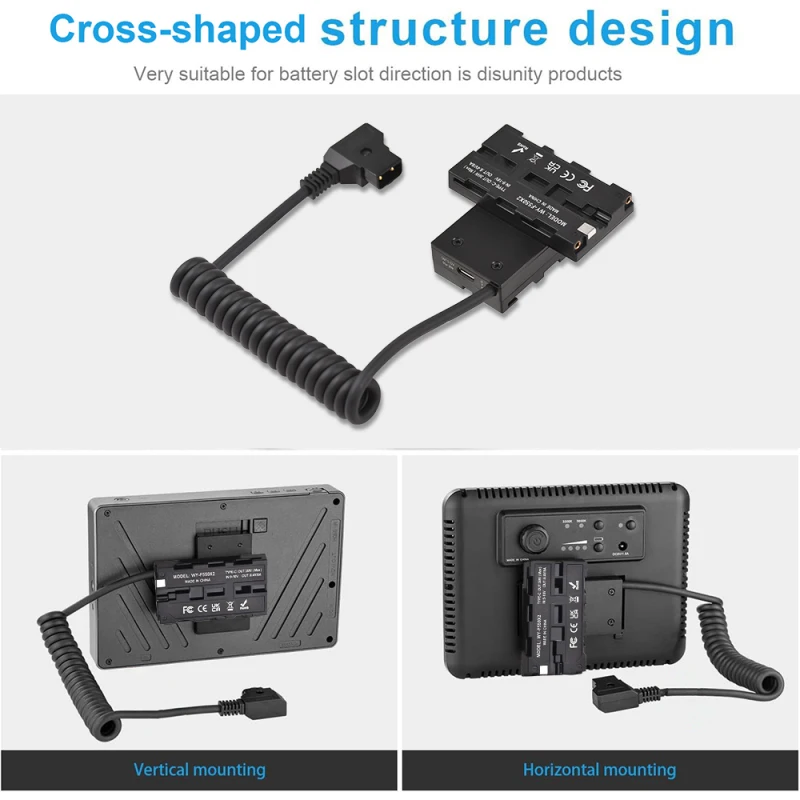 Dual-Sided F550 NP-F Dummy Battery Cross-Shaped to D-Tap Power Cable for Field Monitor LED Light Wireless Video Transmission