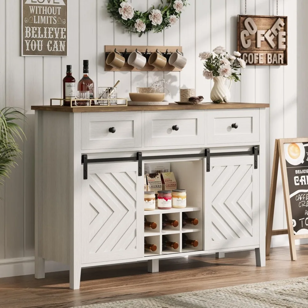 

47.2'' Farmhouse Buffet Cabinet With Sliding Barn Door, Rustic Sideboard With 3 Drawer, Removable Wine Rack,Farmhouse Sideboard