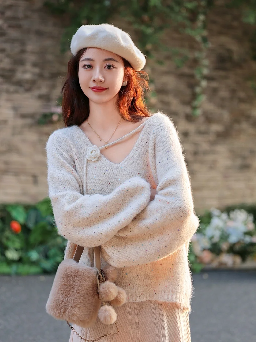 

Sweet Soft Glitter Knit Sweater V-Ne Women's Autumn New Sle Warmth Commute Sle Loose Fit Long Sve Pure Color