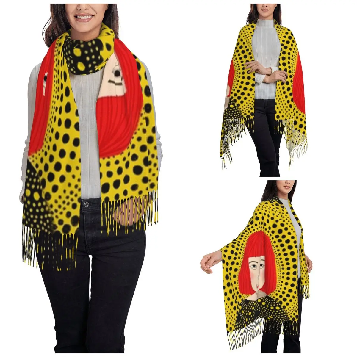 Yayoi Kusama Mystery Scarf for Women Winter Warm Shawl Wrap Japanese Artist Single-sided Pattern Scarves with Tassel Daily Wear