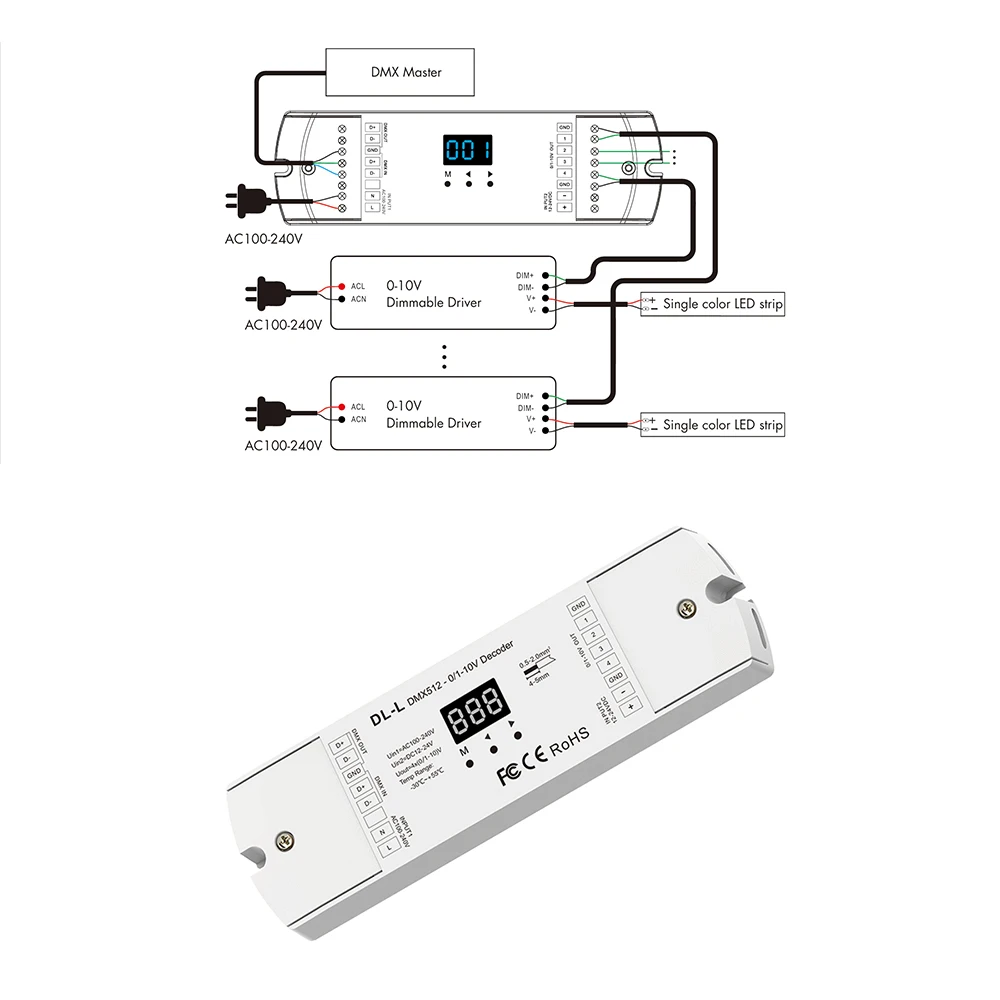 Skydance DL-L AC110-220V/DC12-24V 4Ch RDM DMX512 To 0/1-10V Converter Numeric Display Signal Decoder For Single color LED strip