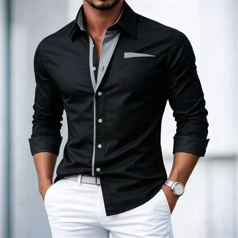 Men's shirt color blocking long sleeved shirt business casual shirt pocket decoration lapel men's top comfortable fabric