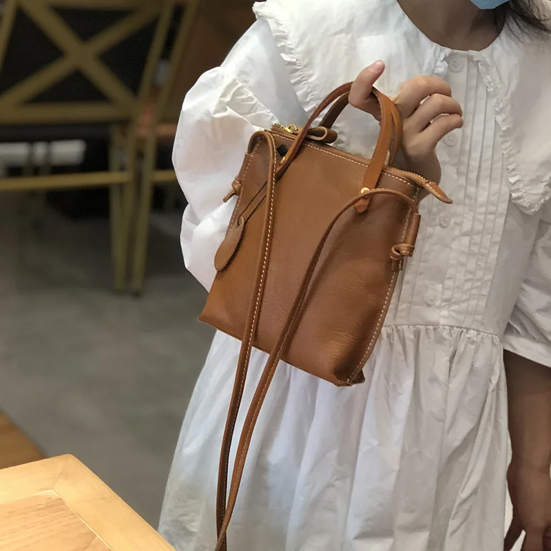 Spring and Summer New Contrasting Color Mini Shoulder Women's Messenger Cowhide Literary Bag Genuine Leather Portable