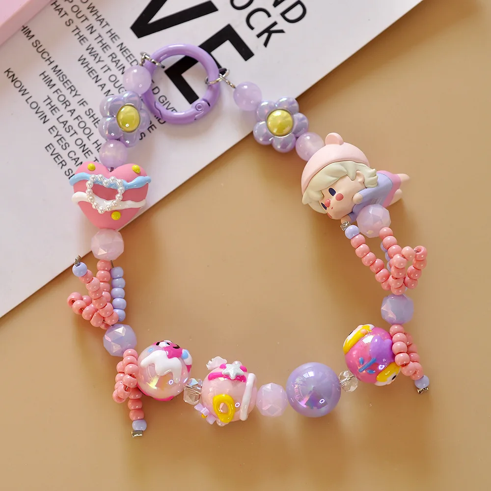 Colorful Bubble Mart Beaded Phone Chain Cute Hand-drawn Beads Key Chains Ornaments for Women