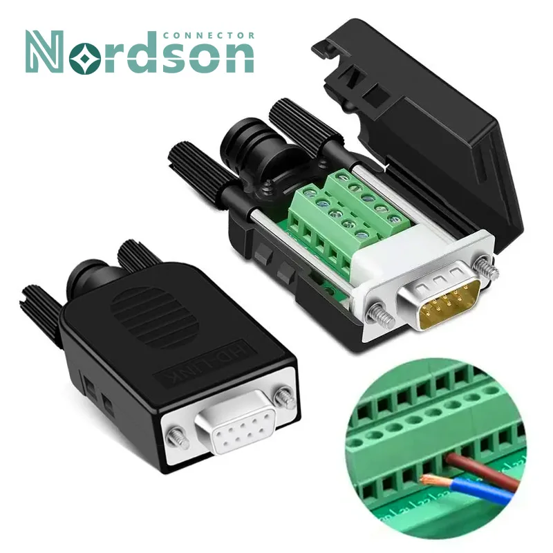 

DB9 Serial Port Solder-free Plug with 4 Tailpipes Male Female 9 Pin Terminal Block D-SUB RS232 RS485 COM Wire Buckle Connector