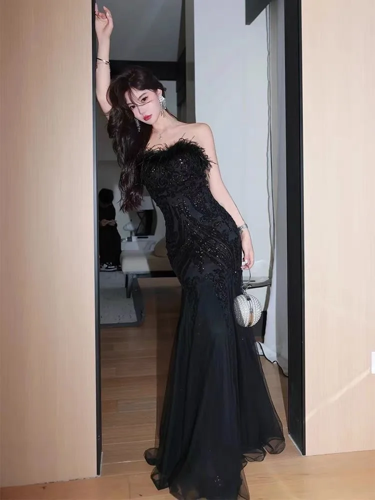 Slimming evening dress 158 for women 2024 new black high-end luxury niche high-end adult ceremony art examinee day dress