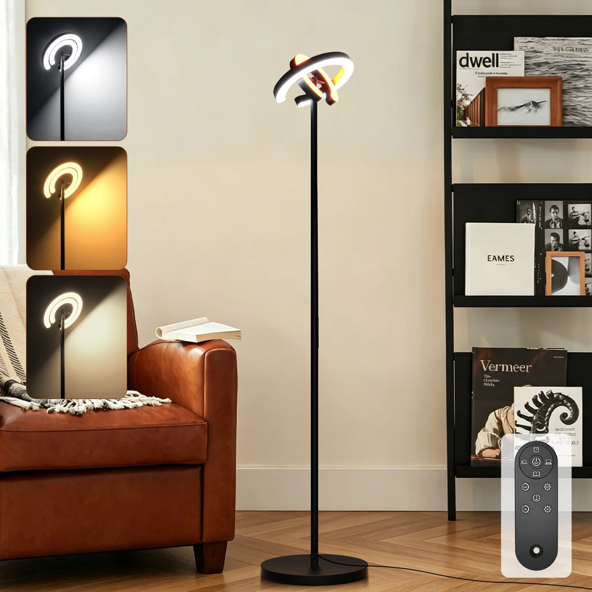 Dual-Ring LED-Stehlampe mit Touch- und Fernbedienung, stufenlos dimmbar, unabhängige innere und äußere Lichtringe 330 °   Drehbare moderne Stehlampe mit stabilem Metallfuß für Wohnzimmer,