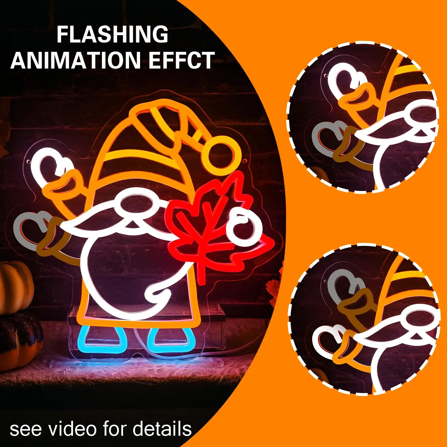 Gnomi lampeggianti Insegna al neon dimmerabile per la decorazione della parete Foglia d'acero per la ciao autunno Camera da letto del Ringraziamento Camera dei bambini Bar Club Decor