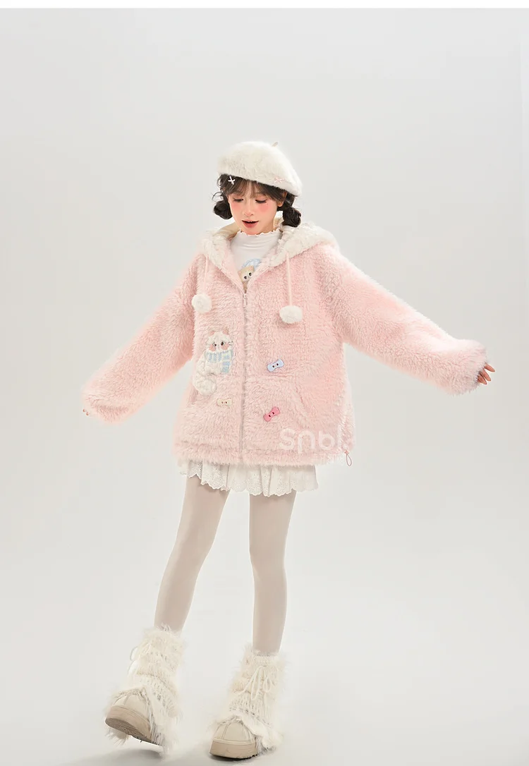 Japanese Sweet Kawaii Cat Embroidered Plush Hoodie Sweatshirt Cute Cat Ear Loose Versatile Thick Warm Parkas Jacket Women Winter