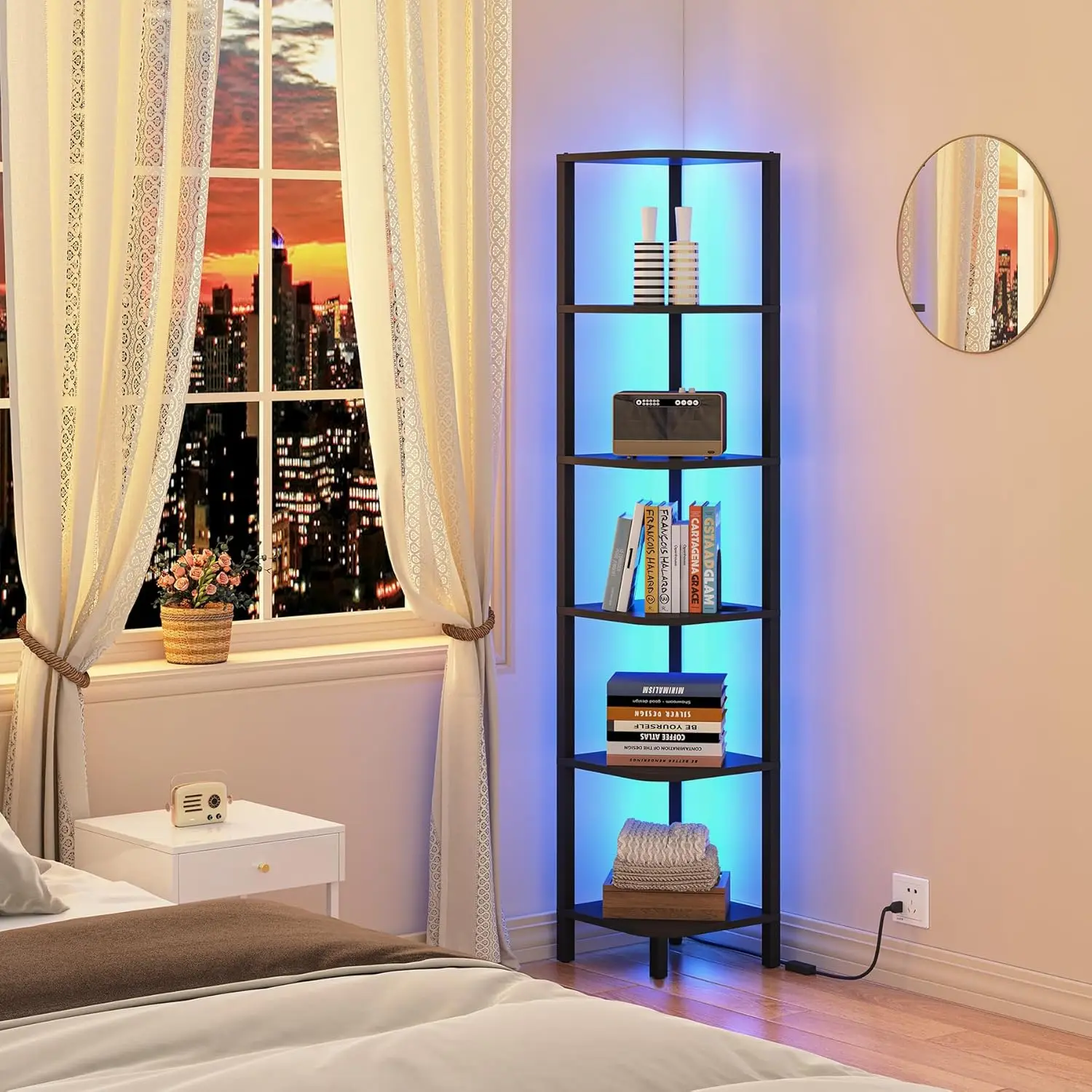 

6-ярусная угловая полка с LED-подсветкой, узкая витрина для небольших помещений, стеллаж для хранения в гостиной и спальне