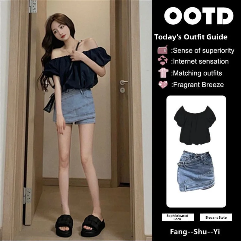 

Женский модный топ на одно плечо больших размеров и джинсовая юбка, комплект из двух предметов, летнее новое поступление, эффект похудения