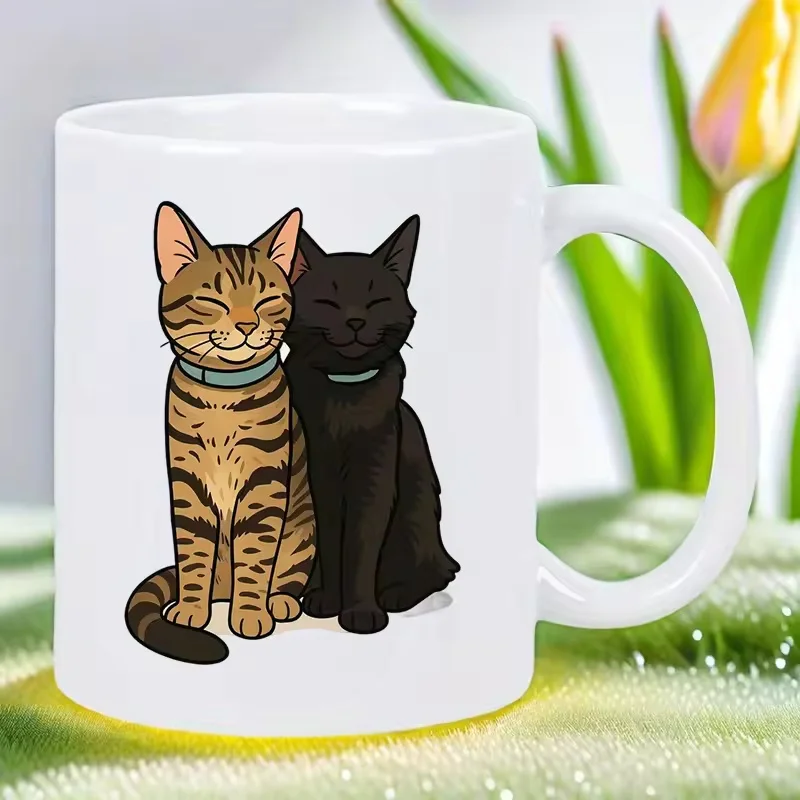 Cute Cat Double Ceramic White Mug - The perfect gift for cat lovers, hand washable coffee mug only, reusable, multi-purpose