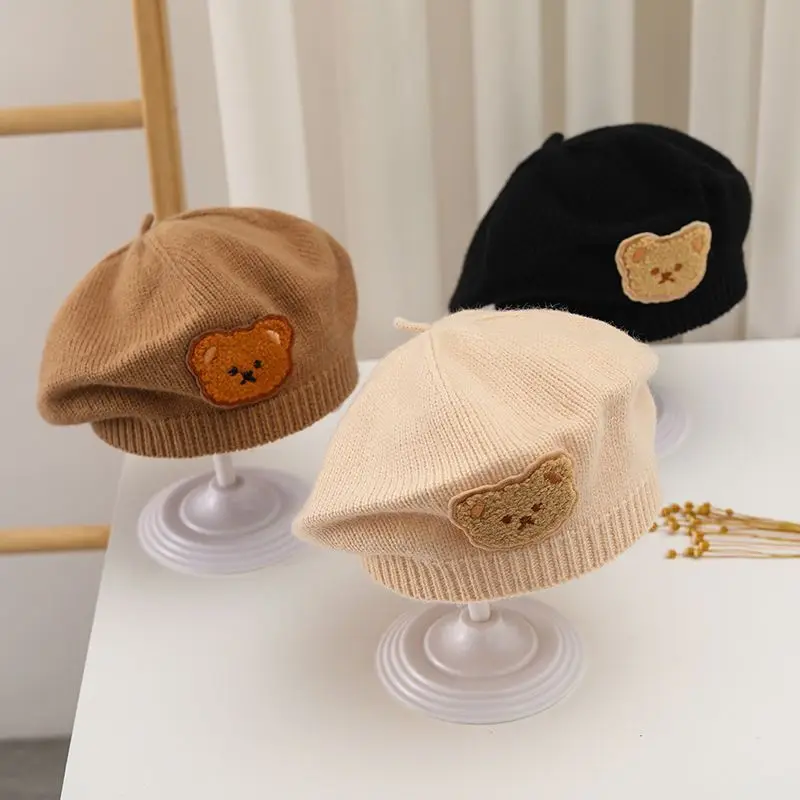 Korean Baby Beret Hats for Boys Girls Cartoon Bear Autumn Winter Knitted Toddler Hat Warm Infant Beanie Kids Accessories 2024