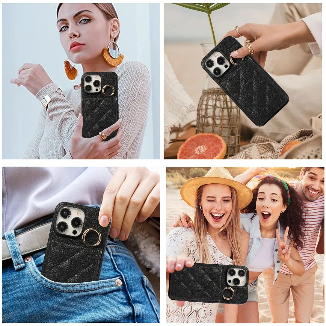 Luxury Crossbody Grid Leather Card Wallet Case For iPhone 11 12 13 14 15 16 17 Pro Max Plus Mirror Makeup Phone Cover With Ring