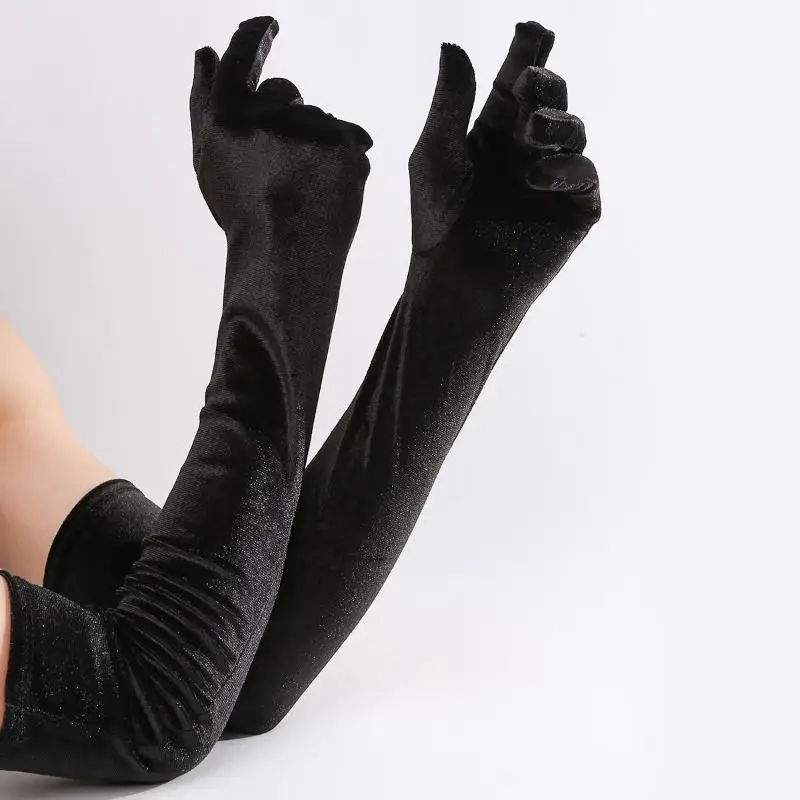 1 Paar flauschige, elegante, einfarbige Samthandschuhe für Damen, 53 cm lang, mit vollem Fingerbereich, für Abendkleider, Etikette, Bühnenauftritte und Partys – Detail 20