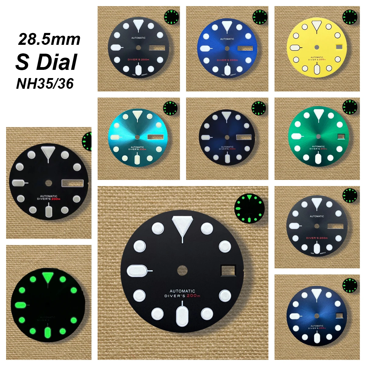 

High quality 28.5mm S logo SKX007 dial accessories that cannot be put down. NH36/4R36 movement green luminous matte/sunshine dia