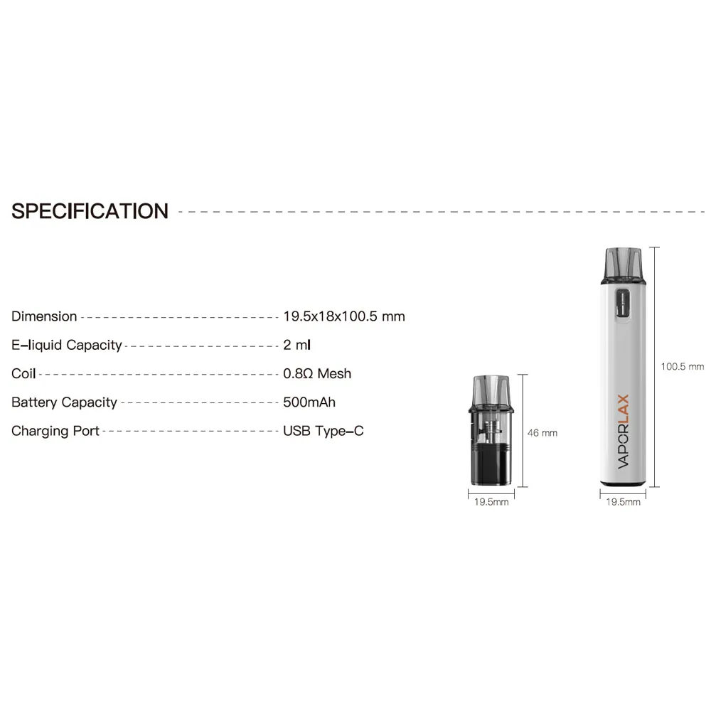 VaporLax Nano Kit de sistema recarregável Pod Eletrônico E Cigarro 500mAh Bateria 2.0ml 0.8ohm Cartucho de bobina de malha Atomizador Vape Pen