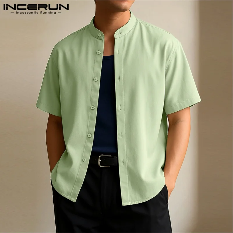 

INCERUN Men Shirt Solid Color Stand Collar Short Sleeve Casual Men Clothing Summer Streetwear 2025 Korean Style Male Shirts