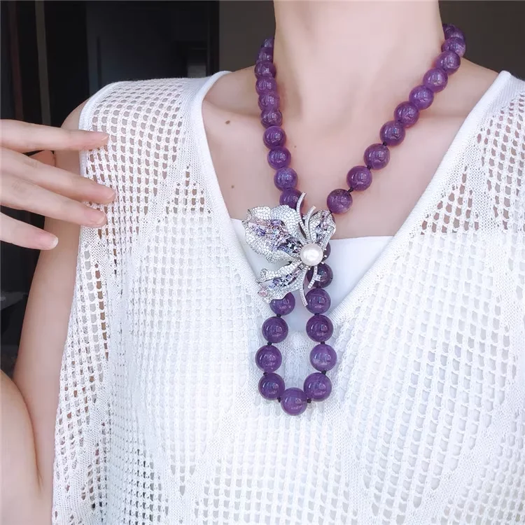 New Purple Natural Amethyst With Detachable Multi-Wear Elegant Brooch Pin Necklace