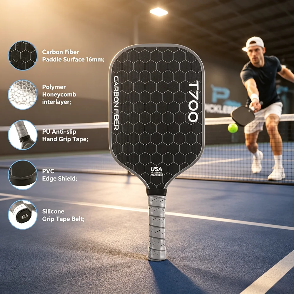 Pickleball Paddle Carbon Fiber T700 Polymer Honeycomb Core Carbon Friction Surface Enhanced Power, Rotation and Control 16mm