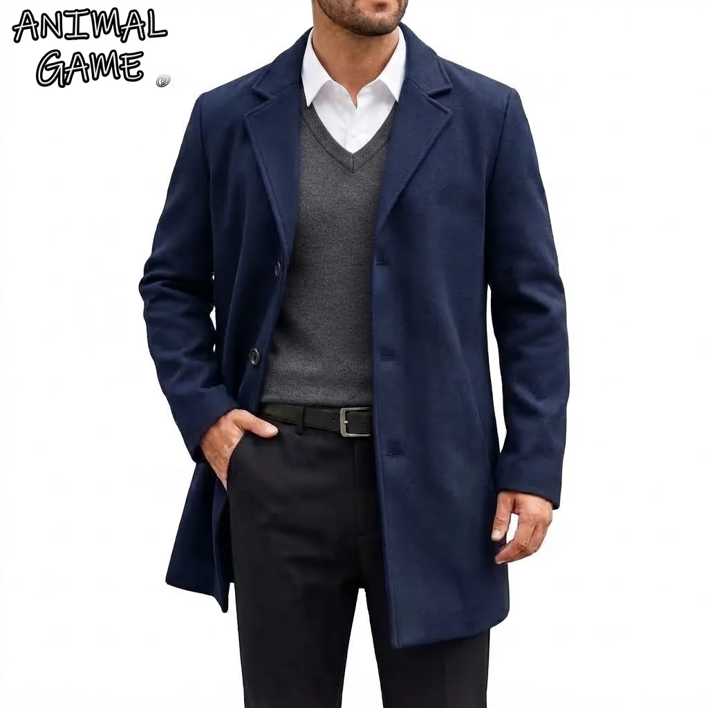 Men Winter Blend Trench Coat Slim Fit Notch Lapel Business Casual Jacket Coats Overcoat Long Windbreaker Warm Outwear Pockets