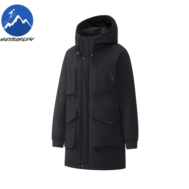 Maxbarley Premium Mens Down Jacket Fashion Hooded Long Splicing Ski Lightweight Down Coat Travel Anti-Cold Autumn Winter Parka
