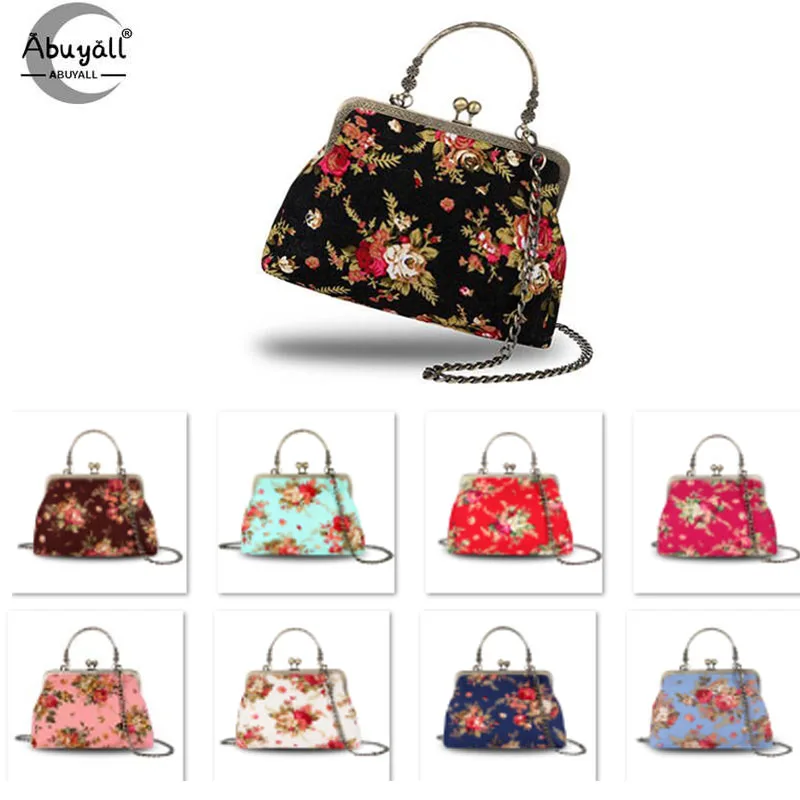 Canvas Kiss Lock Bag Handbag For Women Cheongsam Kisslock Purse Shoulder Chain Strap Evening Special Flower Winter Clasp  Handle