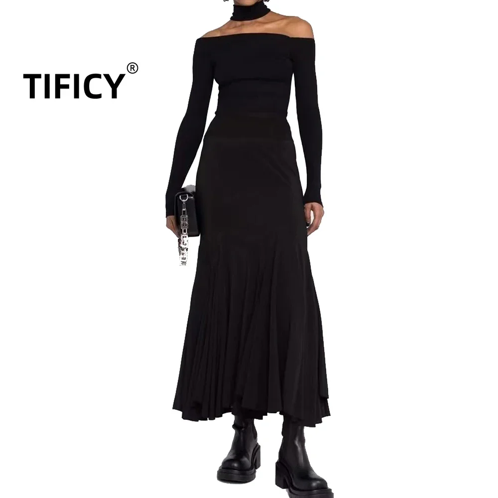 

TIFICY High Street Dark RO Women's Slim Pleated Skirt with Irregular Patchwork Hem and Elastic High Waisted Fish Tail Long Skirt