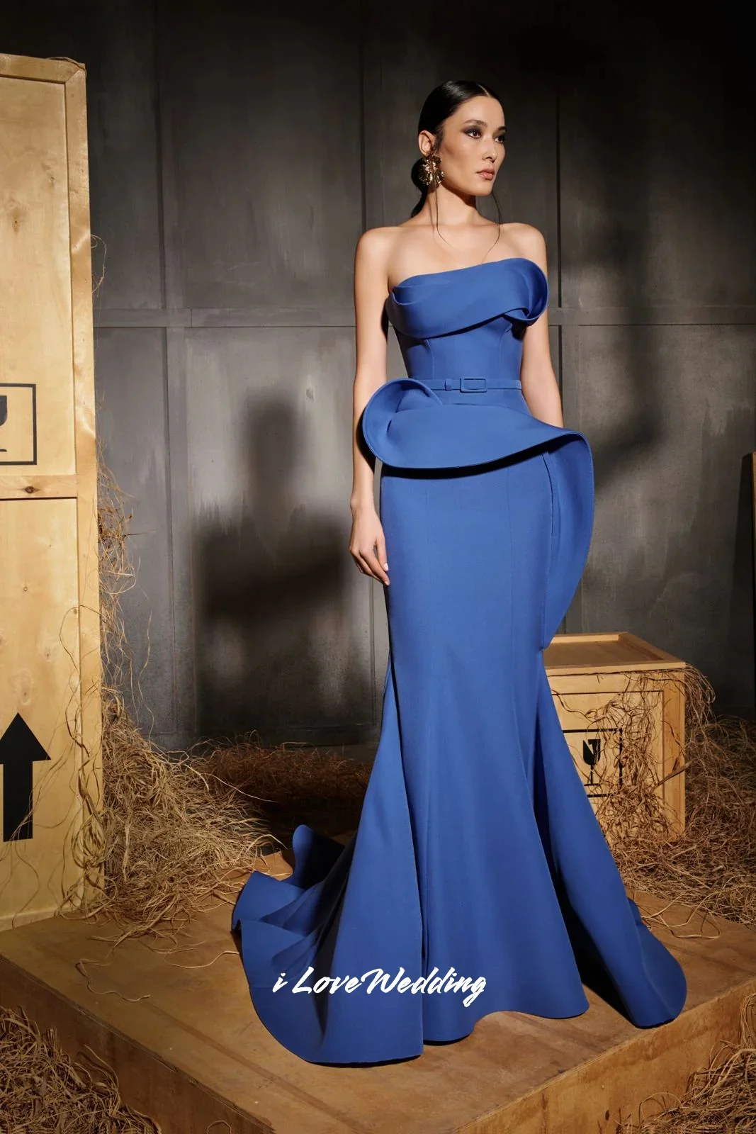 

Strapless Blue Evening Dress 2025 Satin Sleeveless Belt Backless Mermaid Pleat Dresses for Special Occasions Customized
