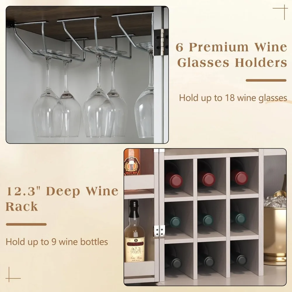 خزانة بار النبيذ القابلة للتوسيع مع سطح طاولة قابل للطي وباب الحظيرة، وحدة بار القهوة المنزلية مقاس 61 بوصة تتميز بتخزين النبيذ والزجاج #5