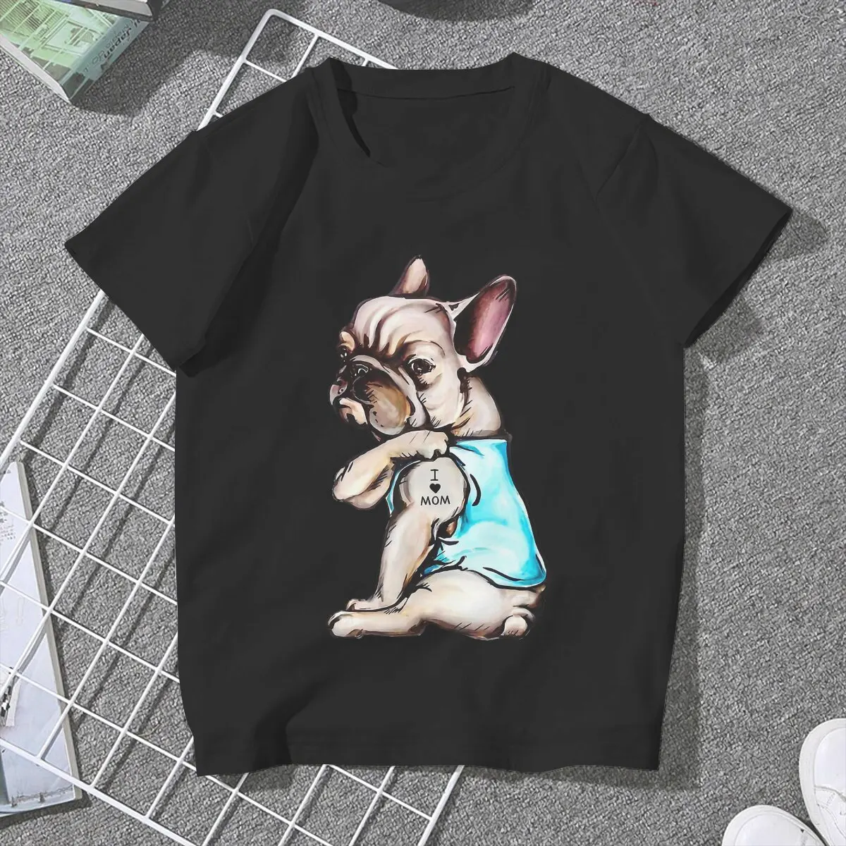 Novelty I Love Mom Tattoo T-Shirt for Women O Neck T Shirt French Bulldog Strong Mini Dog Short Sleeve Tees Gift Idea Tops