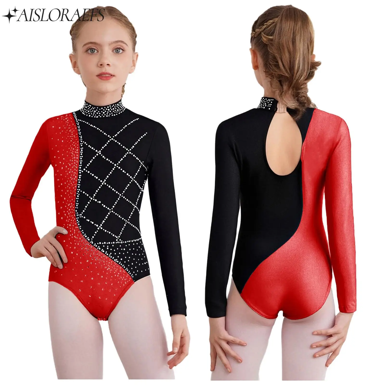 أطفال بنات الجمباز يوتار كم طويل الراين الباليه جيرسي Unitards الجمباز الإيقاعي الفني التزلج أزياء رقص