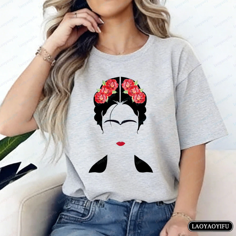 

Frida Art Women T-Shirt Rose Head Frida Design Tee Mexican Heritage Summer Casual Cotton Tops Trendy Streetwear Style Ropa Mujer