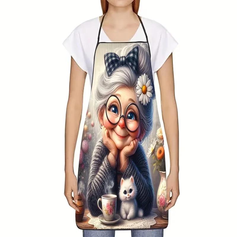 1pc Apron with a Smiling Old Lady and Cat Print, Suitable for Both Men and Women for Home Kitchen Use