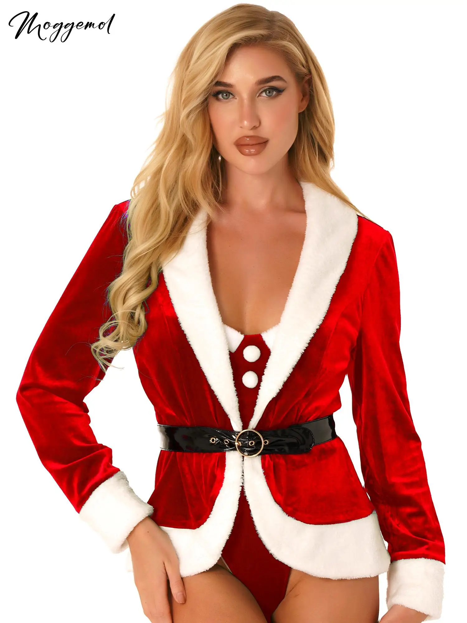 Womens Santa Jacket Christmas Cosplay Costume Sexy V Neck Long Sleeves Coat Tops Fancy Dress with Belt for New Year Xmas Party