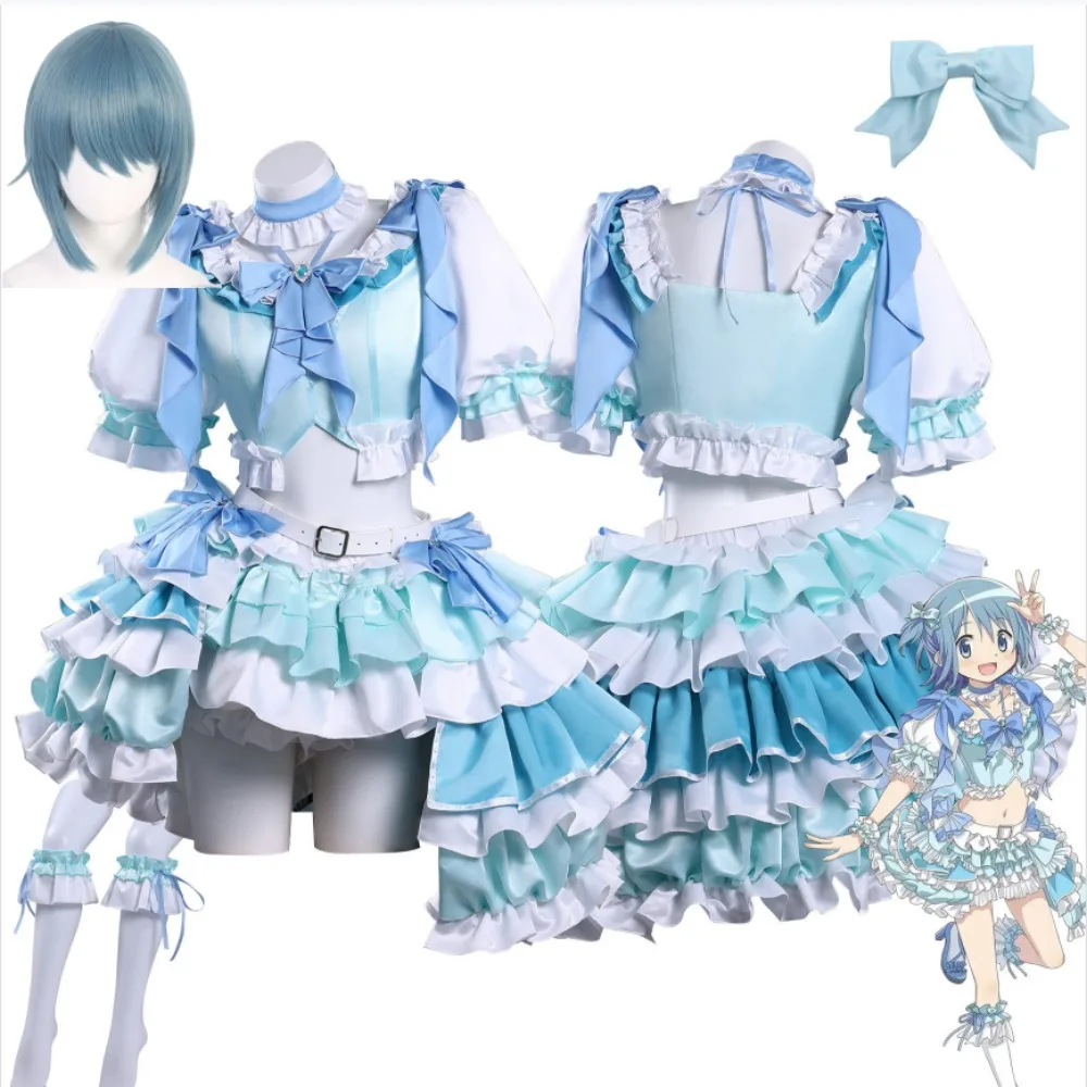 

Anime Puella Magi Madoka Magica Sayaka Miki Cosplay Costume Blue Cute Dress Bow Accessory Wig Halloween Performance Costume
