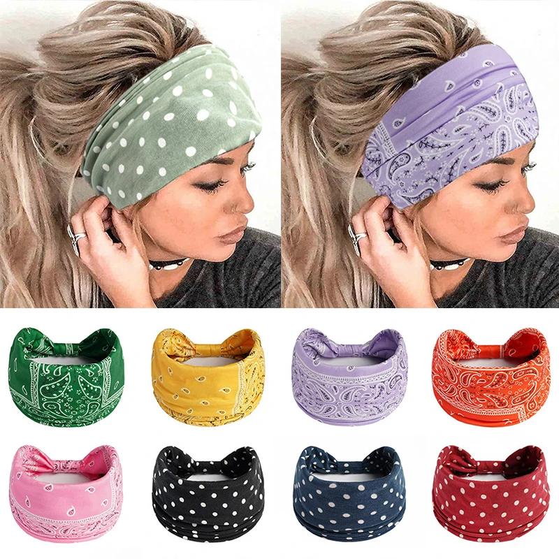 Bohemian estilo stretch headbands para as mulheres, headbands elásticas de algodão, polka dot headwrap, turbante para yoga, acessórios para o cabelo