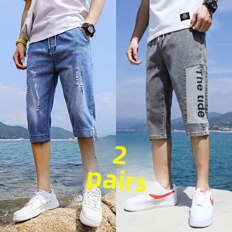 

Мужские джинсы свободного прямого кроя с эластичным поясом для летней повседневной носки, молодежные, модные, из смесового хлопка с микроэластаном