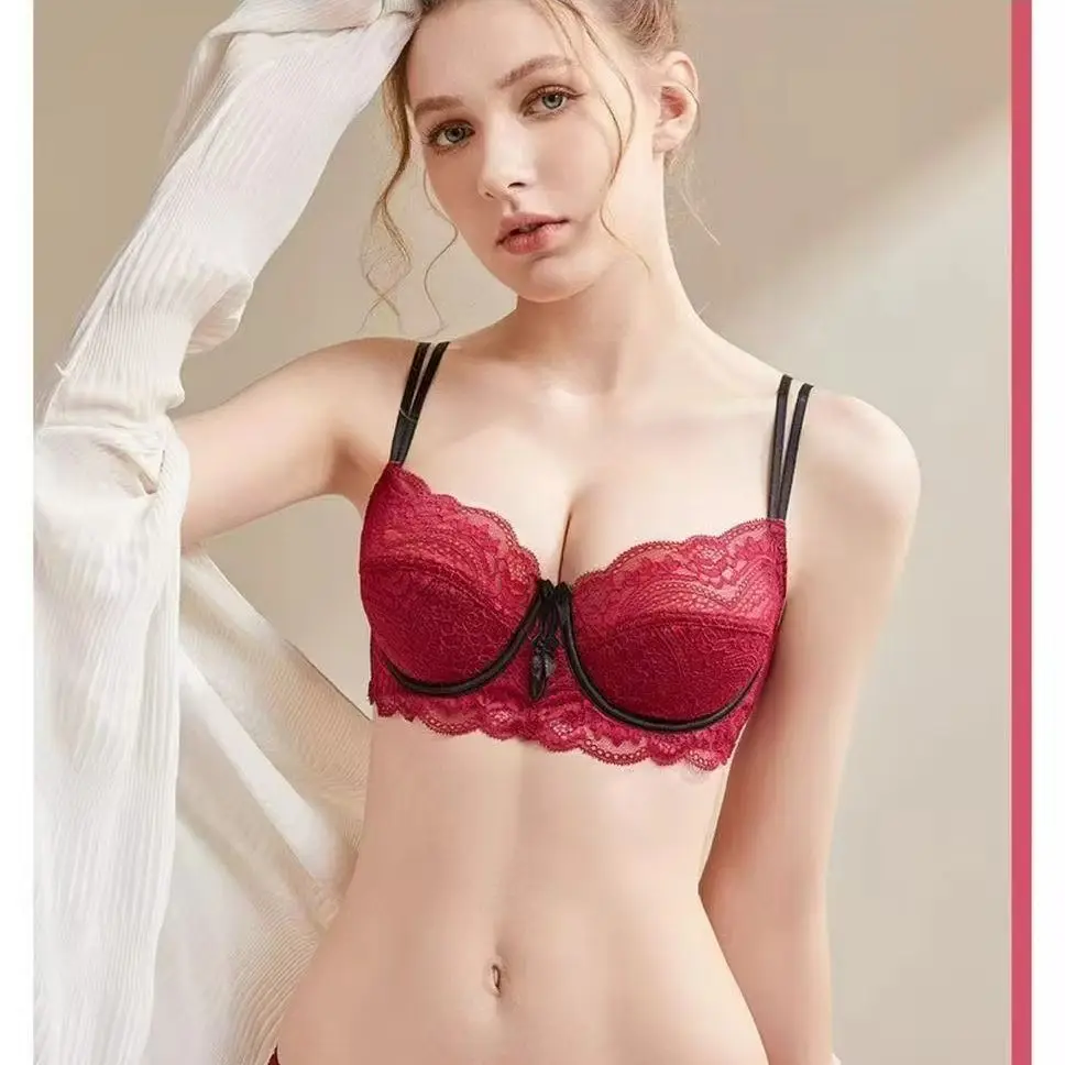 KUCLUT New Chic Lace gather togeBra Set Plus Size DE Cup Large Bust Thin Cup Soft Underwire Anti Sagging Soft Breathable No Show