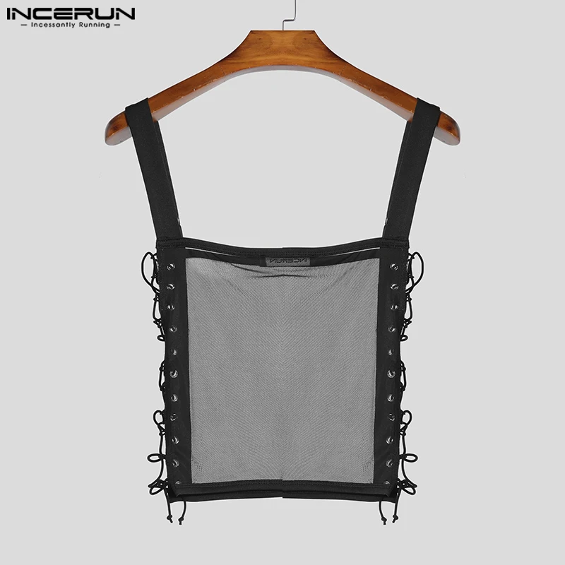 INCERUN الرجال تانك القمم شبكة المرقعة الرباط مثير الجوف خارج انظر من خلال سترات الذكور الصيف الشارع الشهير موضة المحاصيل القمم S-5XL #2