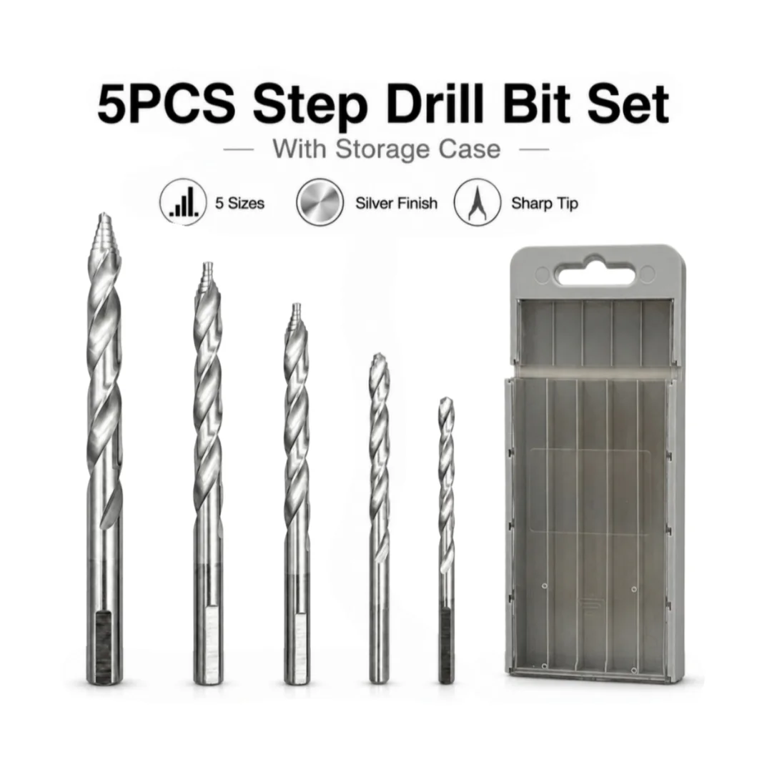 5PCS 4mm-10mm HSS Step Drill Bit Set Silver Polished Step Tip Spiral Twist Flute Heavy-Duty Multi-Material Hole Opening Tool