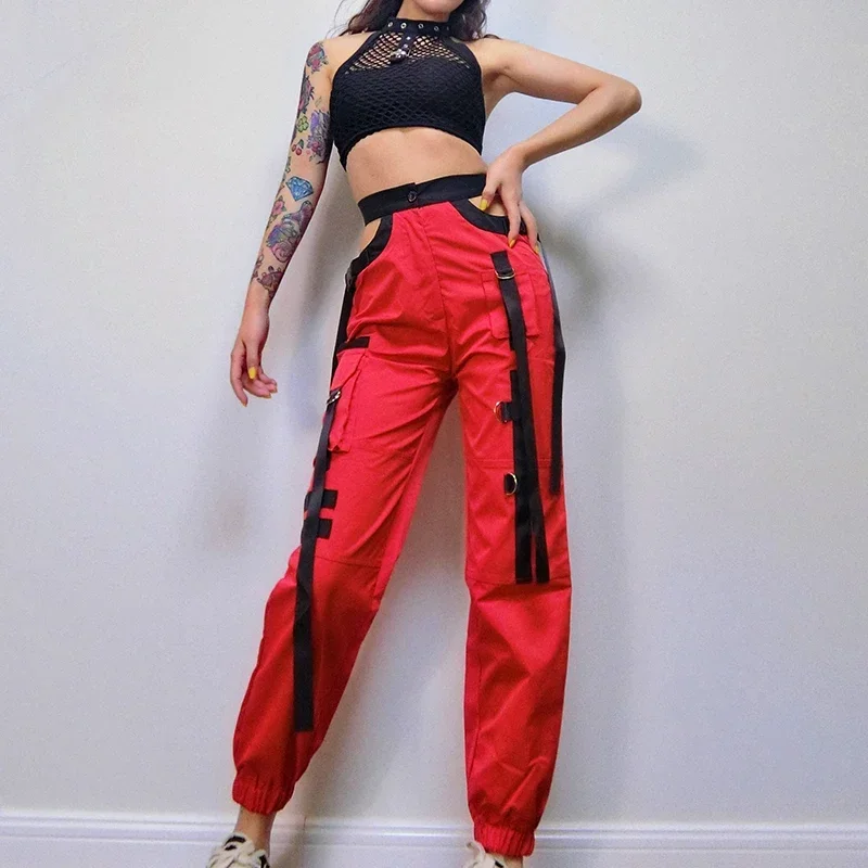 

Jazz Hip Hop Street Dance Costumes Singer Dancer Performance Clothing Collective Red Overalls Pants Sexy club dance outfits