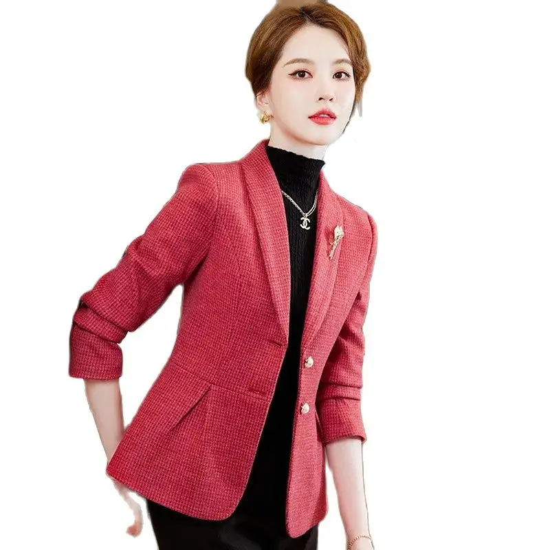 

New 2023 Blazer Red High-End Plaid Suit Jacket Female Autumn Online Celebrity Trend Korean Long-Sleeved Woolen Fashion Suit Coat