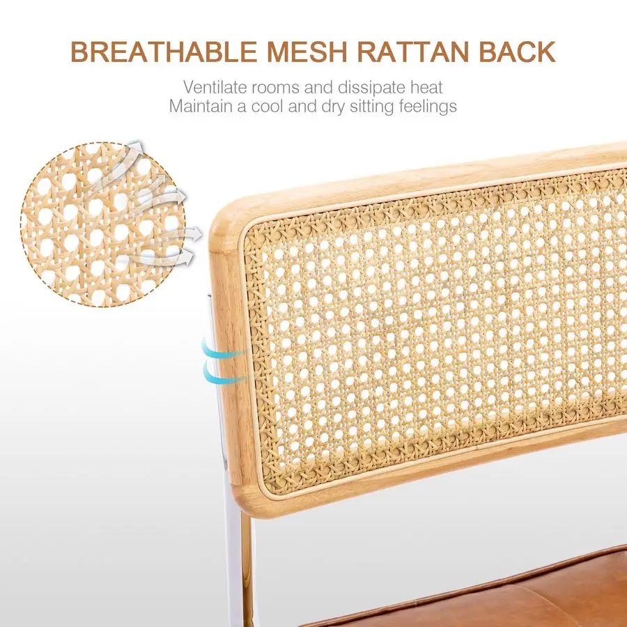 Natuurlijke rotan eetkamerstoelen set van 2, moderne eetkamerstoelen met massief houten rugleuning voor keukenwoonkamer, Mid Century Breue